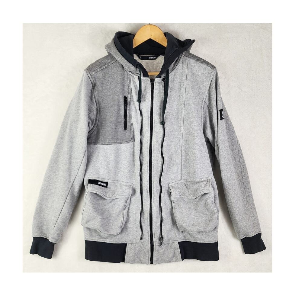 Comune Full Zip Hoodie Men L Grey Black Streetwear Long Sleeve w/ Pockets Y2K